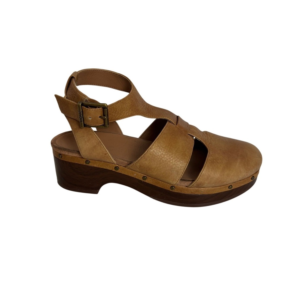 Vionic Womens 8 Faye Clog Sandals Shoes Tan Leather Platform T Strap Orthotic